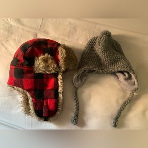 Take both for $5! Toddler winter hat- 1 fuzzy gingham print and 1 knit hat.